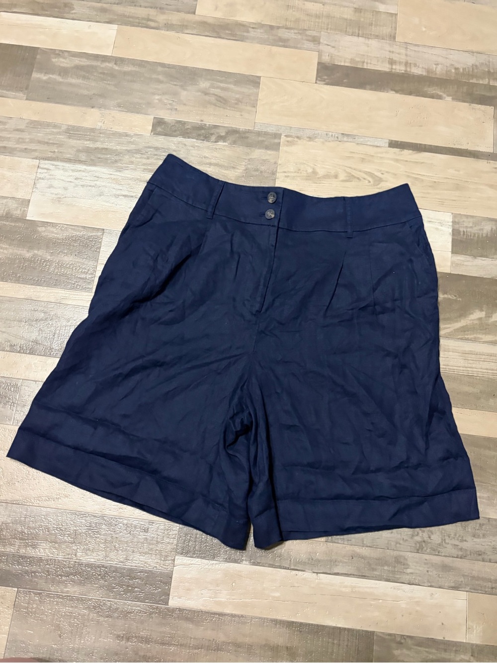 Boden Womens 14 Linen High Rise 9” Navy Blue Shorts Luxury Beach Pocket Pleated